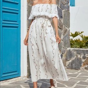 Floral print fringe trimmed Bardot A-line dress